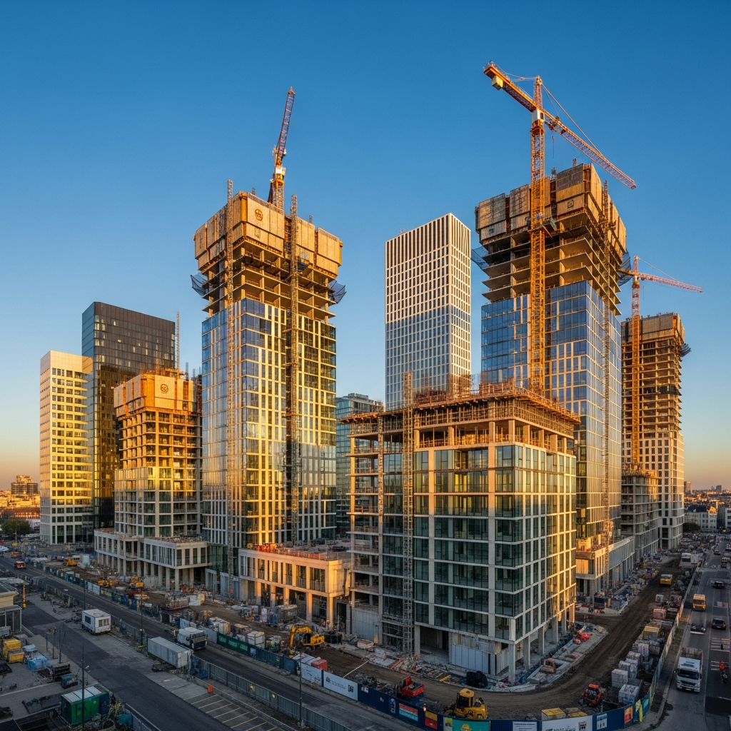 Modern high-rise buildings under construction in Brussels